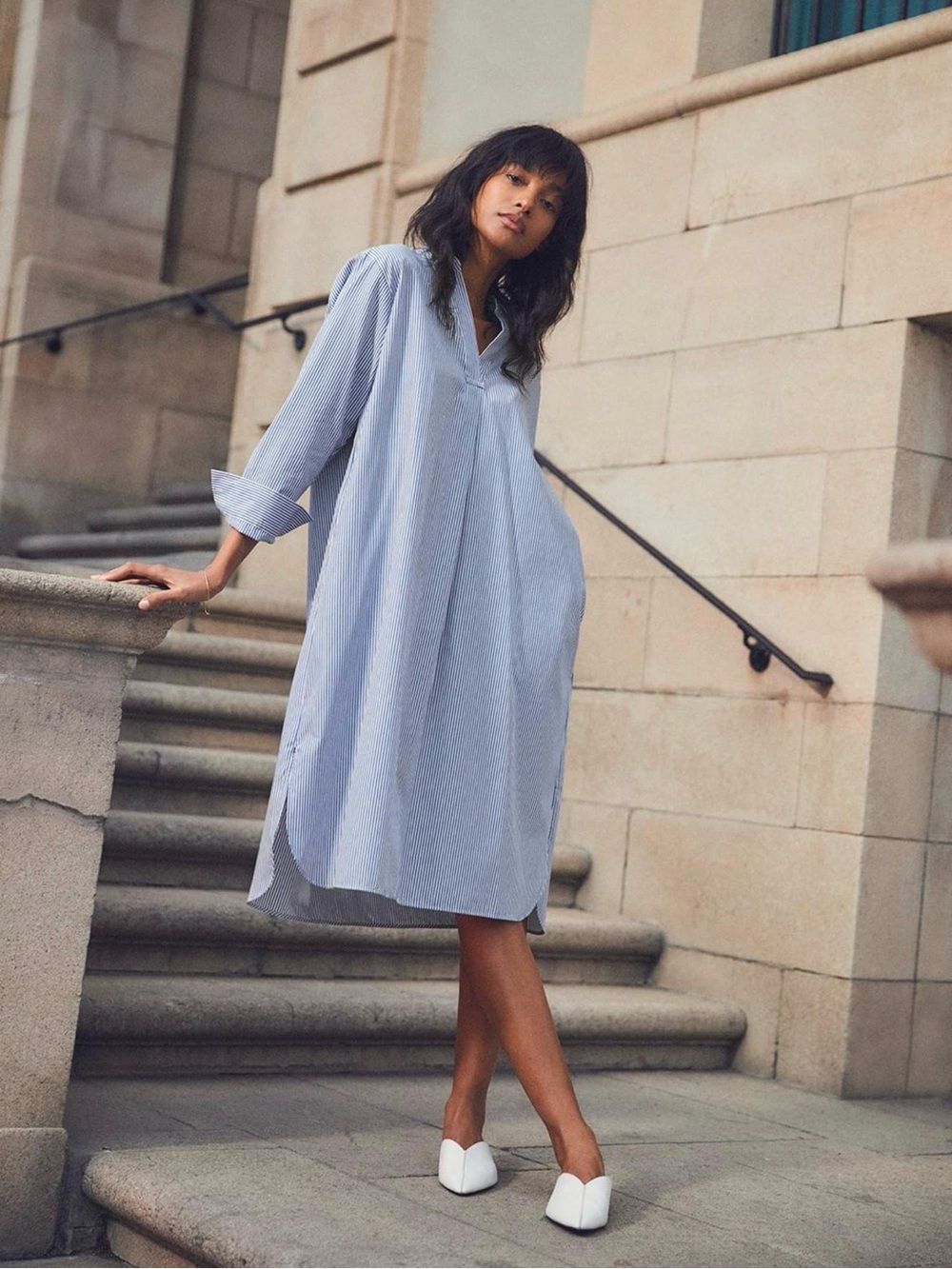 Uniqlo cotton A-line long sleeve striped dress in size XS